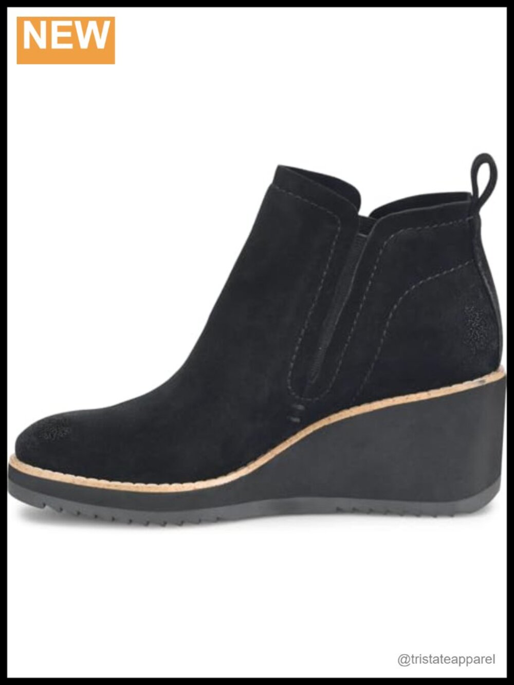 Leather Pull-On Ankle Boots Wedge Heel Almond Toe